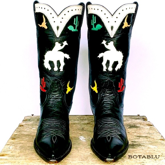 Larry Mahan Shoes - SOLD LARRY MAHAN Vintage Rodeo Cactus Black Cowgirl Cowboy Western Boots 7